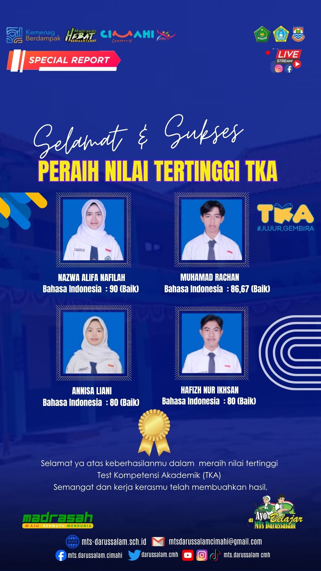 Siswa MTs Darussalam Raih Nilai Tertinggi TKA